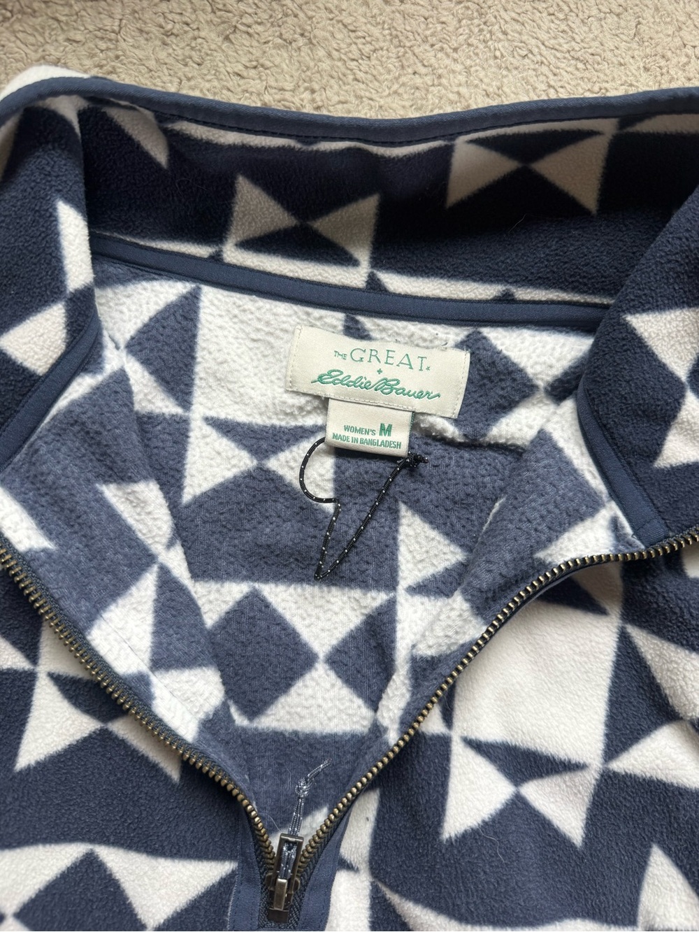 THE GREAT. Navy and White Geometric Half-Zip Fleece Sweater - Picture 2 of 9